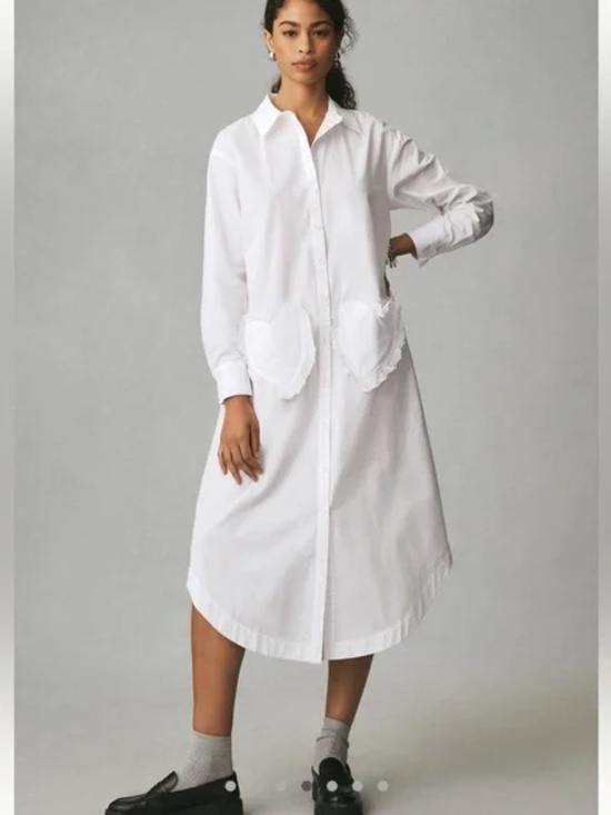 Anthropologie Dresses & Skirts - Anthropologie Maeve Long-Sleeve Cotton Midi Shirt Dress Heart Pockets Small NWT